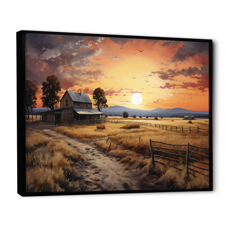 Paysage de grange au crépuscule IV - Art mural de grange pour le salon, H 24 po x l 32 po, Reproduction avec cadre flottant