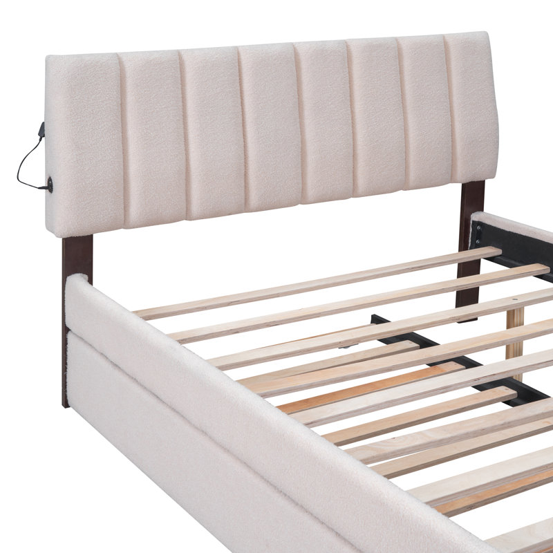 Lit plateforme tapissier avec lit gigogne, Beige, Lit double