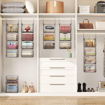 4 Tier Closet Hanging Organizer, Closet Organizers And Storage With 5 S Hooks, Closet Hanging Shelves & Freestanding Wire Storage Basket Bins