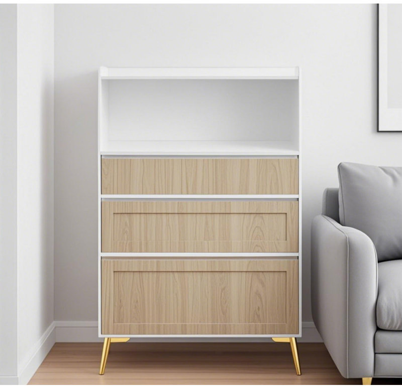 Armoire de rangement moderne à trois tiroirs avec accents dorés