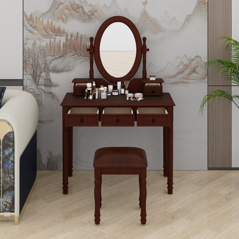Ensemble de meuble-lavabo avec miroir à angle réglable, table de maquillage rétro et tabouret rembourré, doublure en velours 5 tiroirs pour la chambre à coucher
