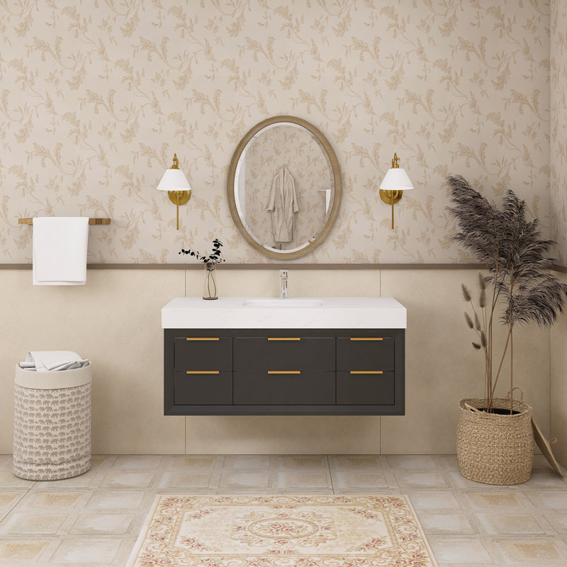 Meuble-lavabo mural simple 48 po avec plateau en marbre, Noir