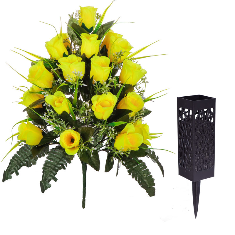 Yellow Silk Rose Cemetery Bouquet with Black Vase Set