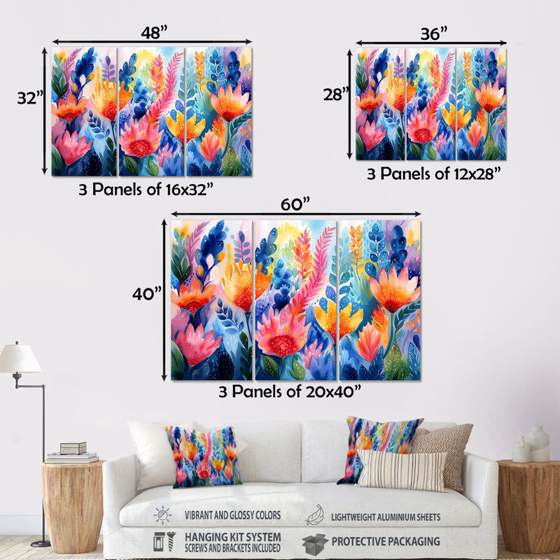 Ensemble de salon art floral orange, aquariums bleus et rêves floraux I, H 28 po x l 36 po x P 1 po