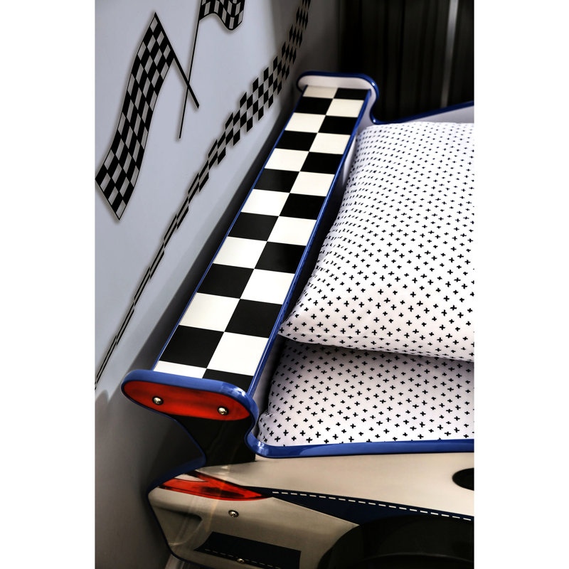 Lit simple avec design de voiture, surface ultrabrillante, supports en métal, ensemble de lattes, bleu et blanc pour chambre à coucher
