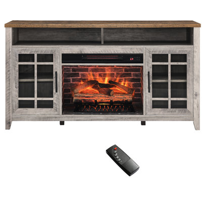 Meuble télé de 55 pouces avec foyer électrique intégrée. Gris délavé. 11 réglages de température. Design compact. Protection contre la surchauffe. Puissance de 5000 W/h. Flamme réaliste. Double infrarouge.