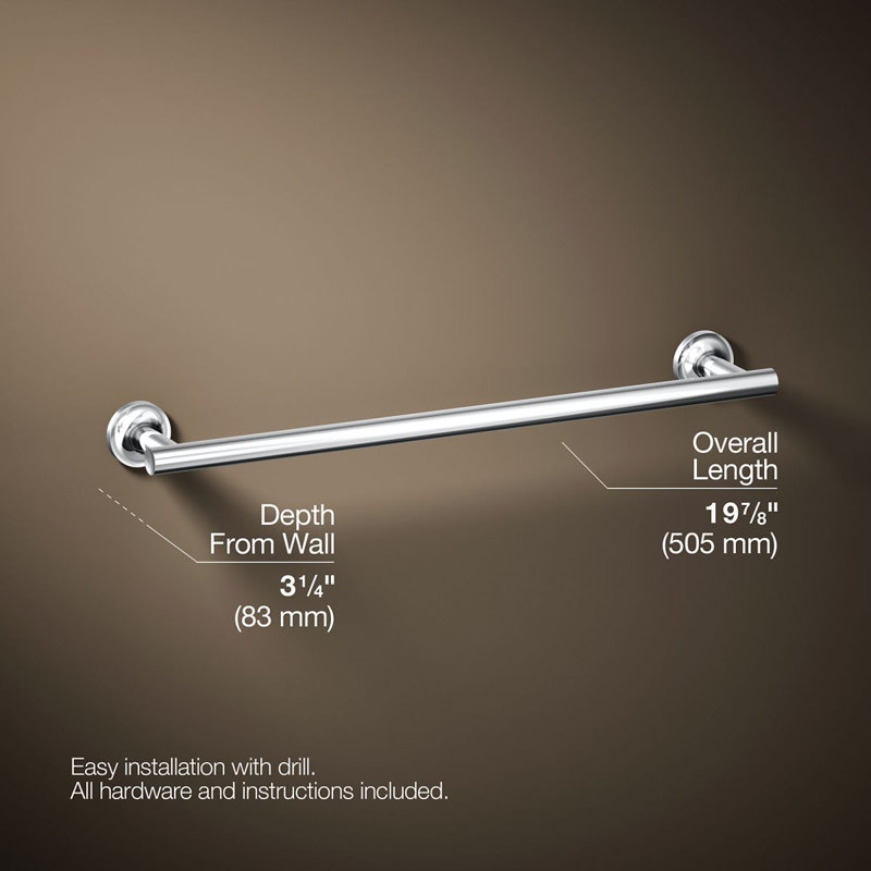 Porte-serviettes mural Kohler Purist, porte-serviettes mural en métal, H 1,875 po x L 19,881 po x P 3,25 po, Chrome poli