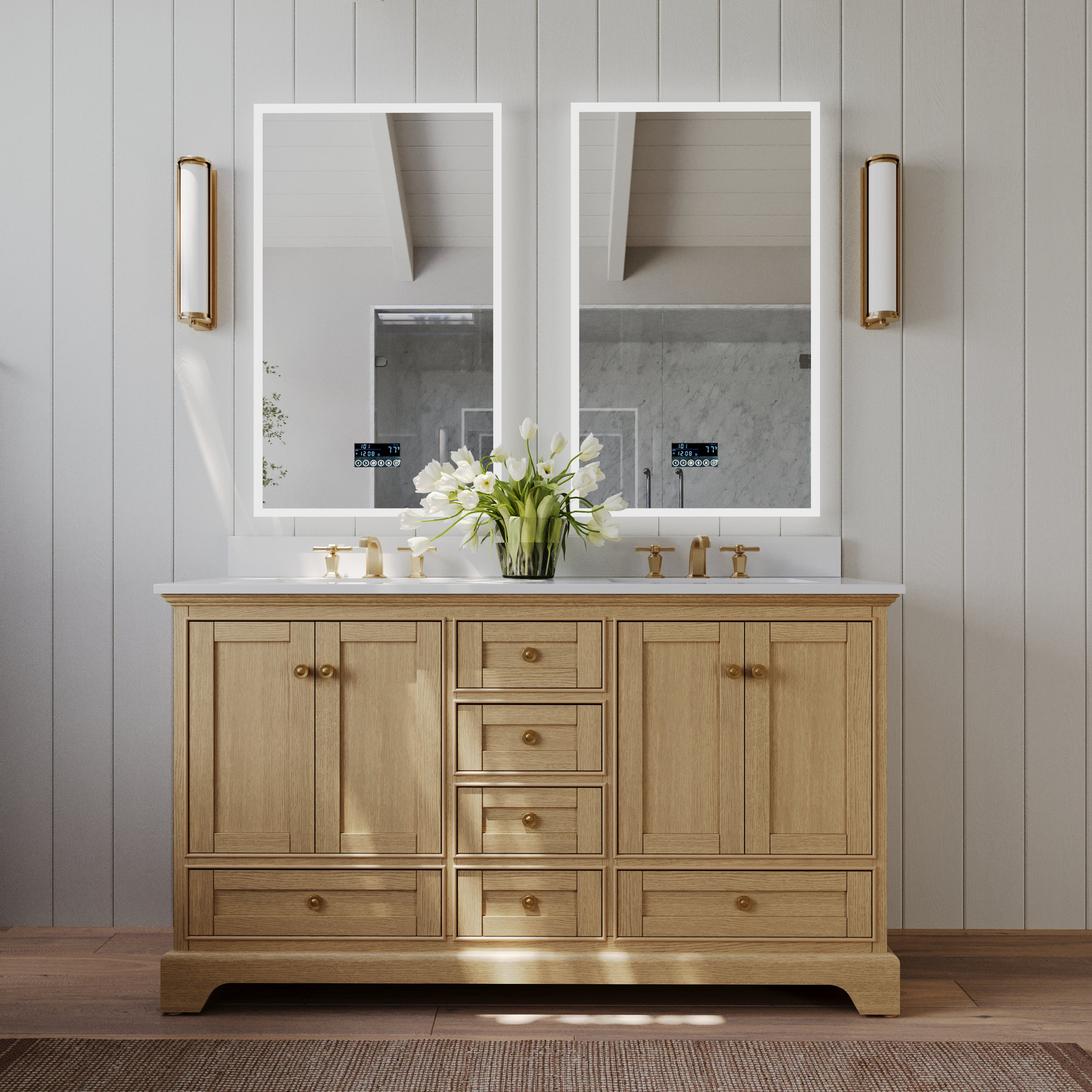 Varna 60'' Double Bathroom Vanity, Oak/Rose Gold, Pure White Quartz