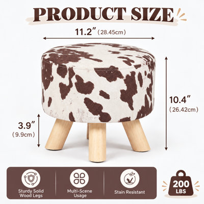 11.2" Round Upholstered Footstool With Brown & White Printed Linen Fabric