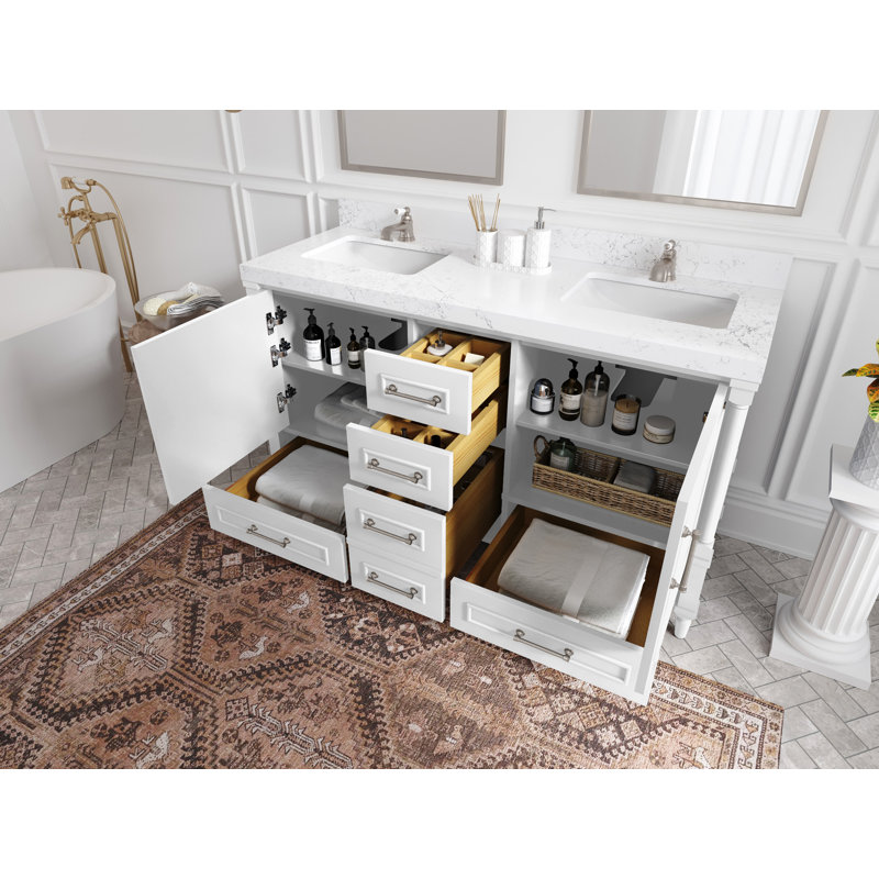 Aberdeen 60" White Solid Wood Double Sink Vanity with Carrara Marble Top