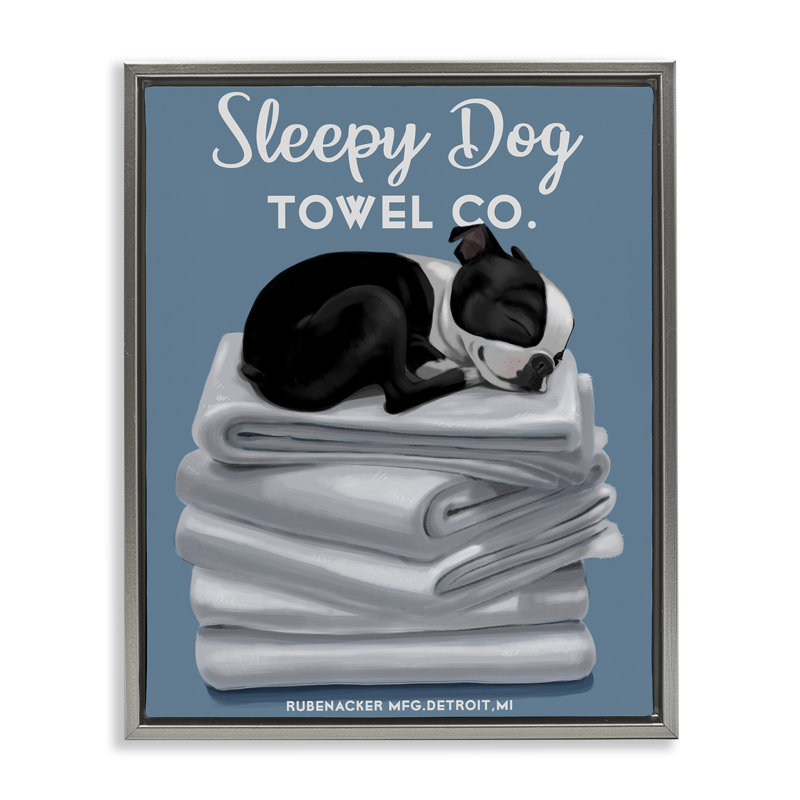 «Sleepy Dog Towel Co.» par Boston Rubenacker, H 31 po x l 25 po, Cadre flottant gris lustré