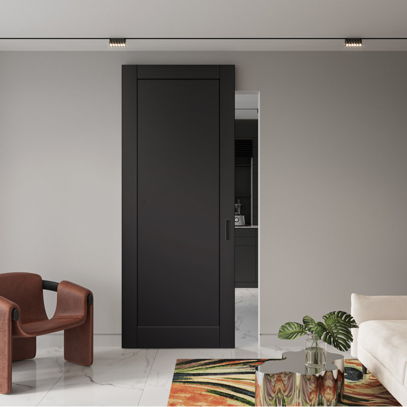 Porte de grange coulissante avec panneau de base en bois massif avec panneau de base Shaker, 23,875 po x 95,24 po, Noir mat