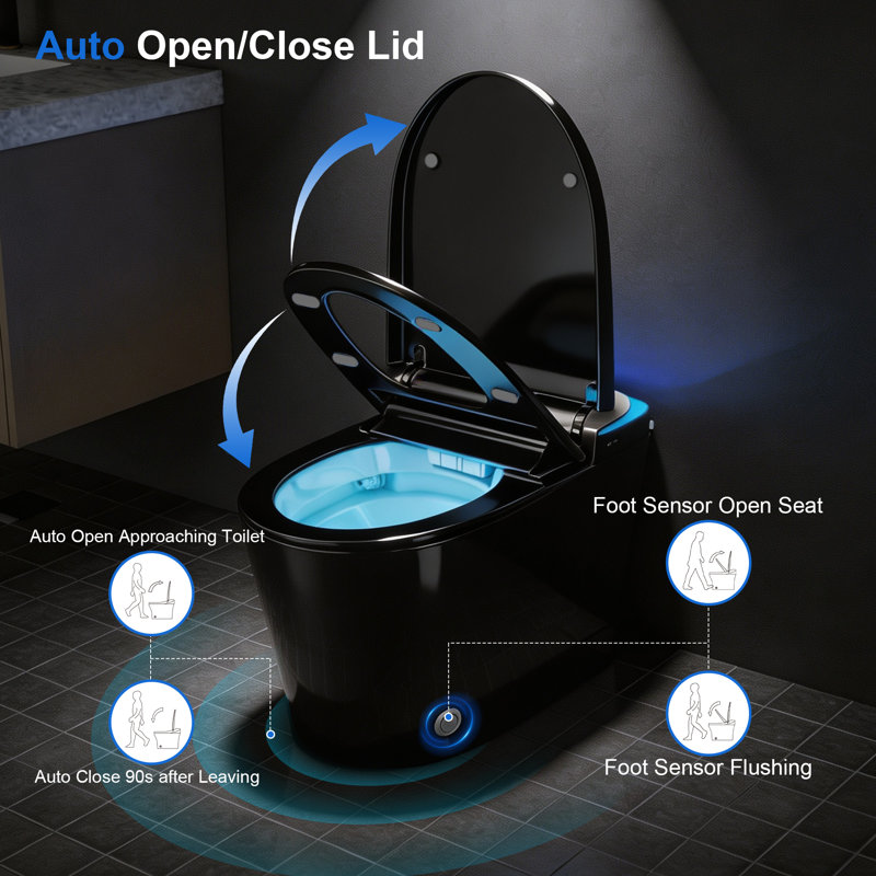 Modern Tankless Smart Toilet with Built-In Bidet & Touchless Flush, Black