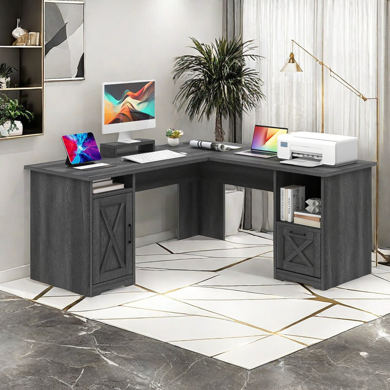 L-Shaped Executive Desk With Power Outlet, Gray