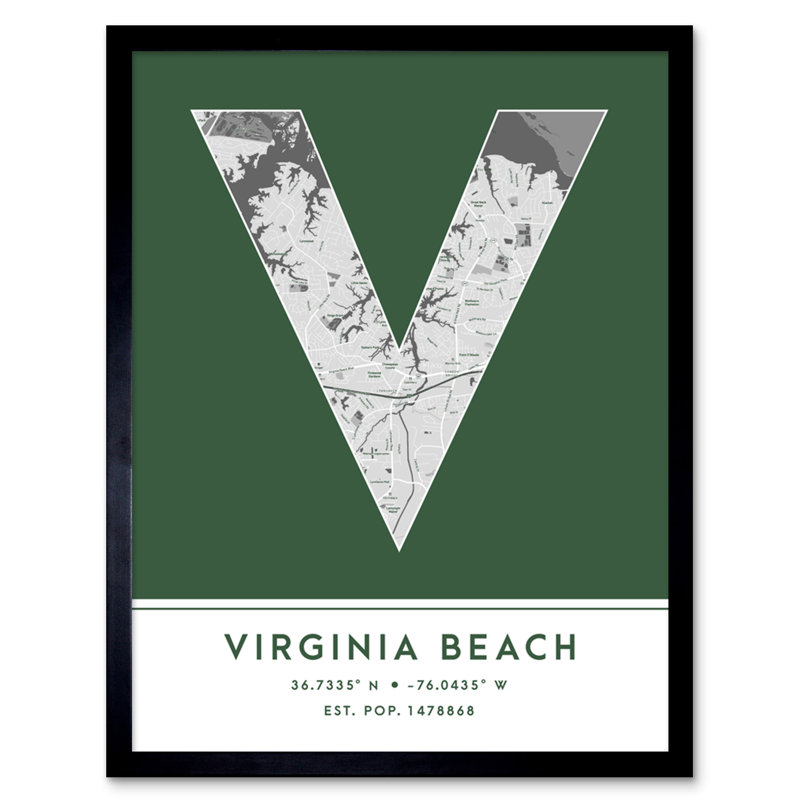 Virginia Beach City Map Virginia Beach Green - Single Picture Frame Print