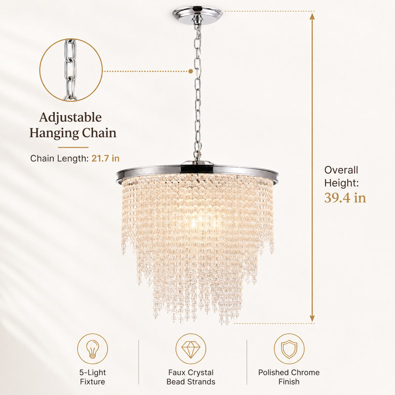 Lustre moderne à 5 lumières avec cascade de cristaux et intensité variable