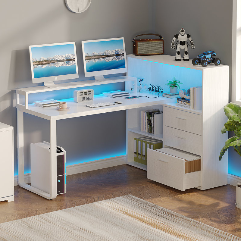 L Shaped Desk With Bookshelf and  Drawer, Corner Desk with LED Lights