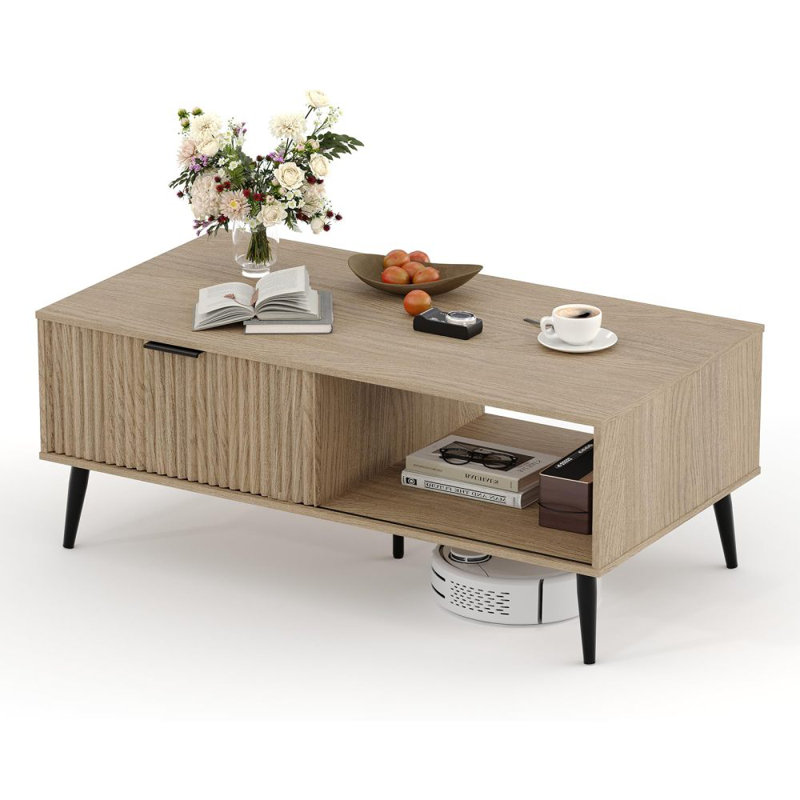 Coffee Tables for Living Room, Farmhouse Center Table with Hidden Storage and Fluted Sliding Door, Dining Table for Home Apartment Office