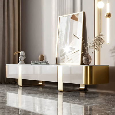 Modern 78.74″ White Gloss Faux Marble TV Stand – Luxury Media Console with Burnt Stone Look, Gold Stainless Steel Legs, 4 Storage Drawers, Simple Assembly