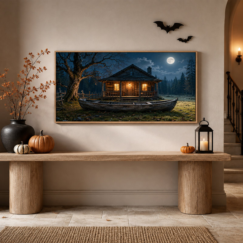 Cabane rustique en bois sous la pleine lune avec bateau - Toile murale d'Halloween, L 46 po x H 24 po