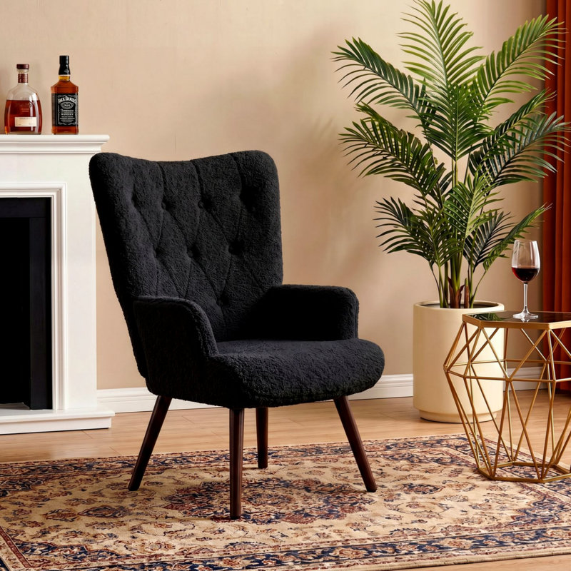 Fabric Black Accent Chair, Comfy Upholstered Armchair With Metal Legs, High Backrest Living Room Chair, Wingback Chair Mid Century Modern For Living Room/Vanity/Bedroom, Black
