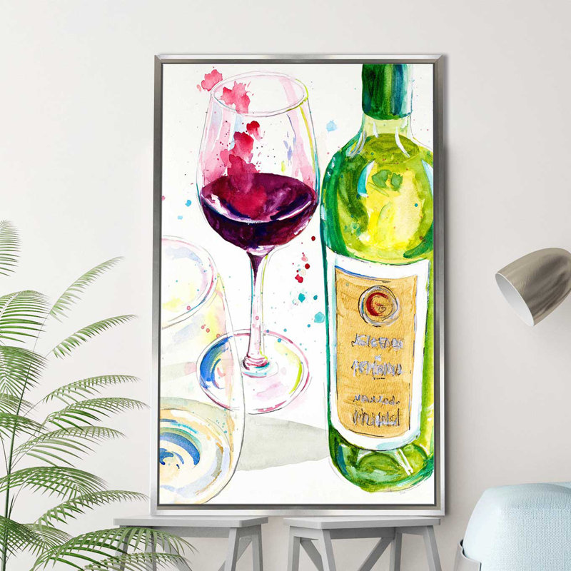 «Red and White Wine II», reproduction de peinture à l'aquarelle, H 33,5 po x l 21,5 po x P 2 po, Cadre flottant argent