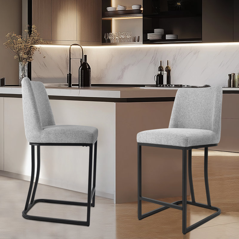 Modern Upholstered Counter & Bar Stool with Backs Set of 2, Light Gray