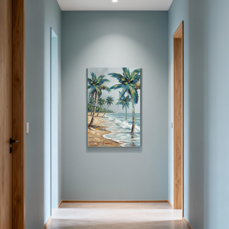 Plantes et fleurs, plage tropicale, palmiers, vagues de l'océan, ciel de sable, H 40 po x l 28 po