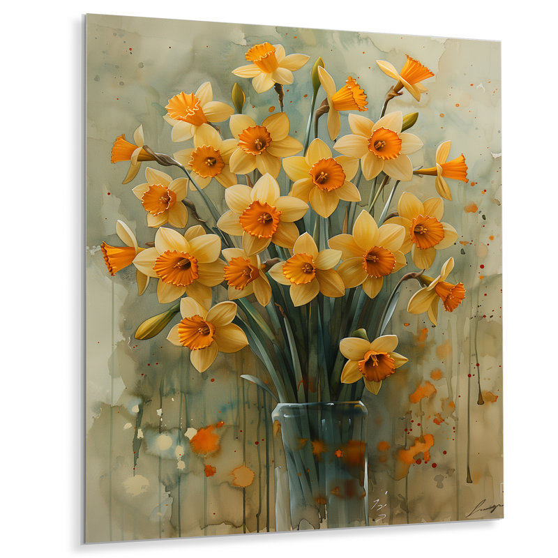 «Yellow Farmhouse Daffodils In Vase III» - jonquilles murales, Sans cadre, métal, H 24 po x l 32 po
