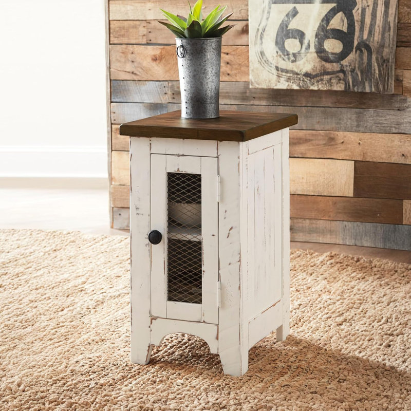 Table de bout Farmhouse avec porte d'armoire, finition patinée blanche et brune