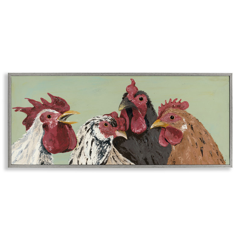 Quatre coqs sur giclée verte par Jade Reynolds, Estampe numérique Farmhouse, H 10 po x l 24 po