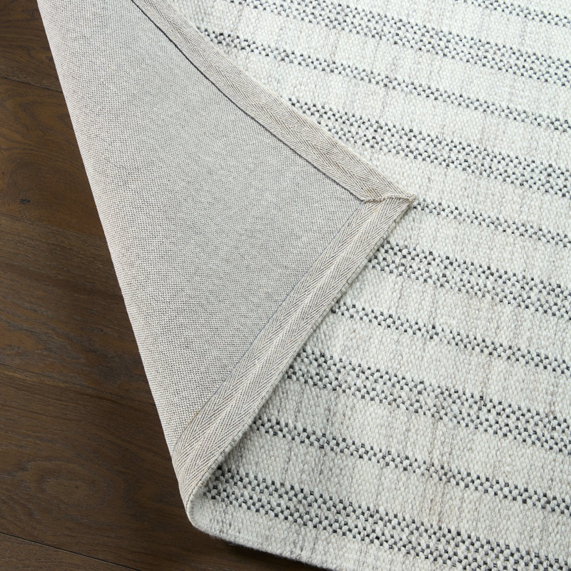Tapis rayé fabriqué à la main Ginevra , Rectangle 10 pi x 14 pi, Crème/noir