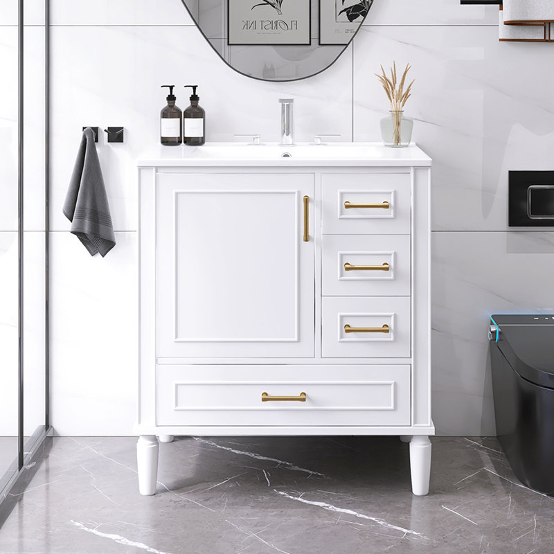 30" Modern Traditional Freestanding Bathroom Vanity Cabinet With Ceramic Basin, White