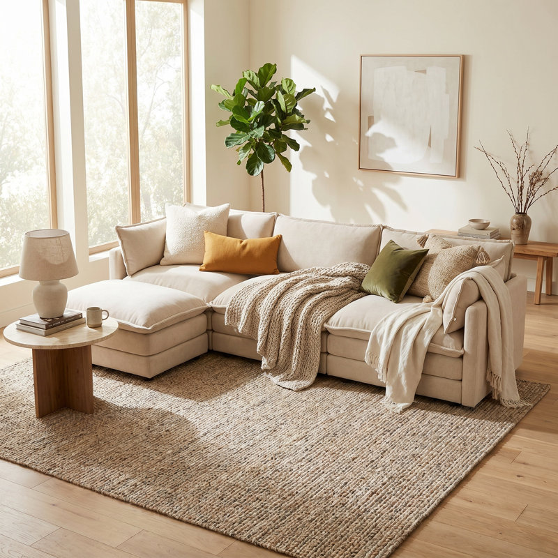 Canapé modulaire en L à 3 places avec repose-pieds ModuHaven, canapé rembourré en chenille avec 5 coussins, structure en bois massif robuste, mobilier de salon moderne, assemblage facile