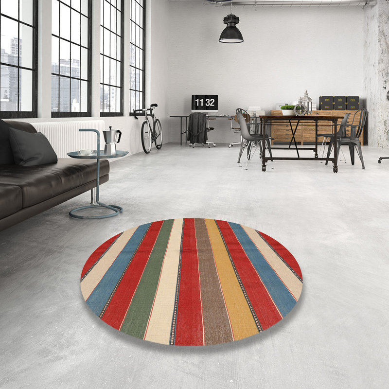 Tapis contemporain rouge / beige / bleu Platte, Rond 5 pi