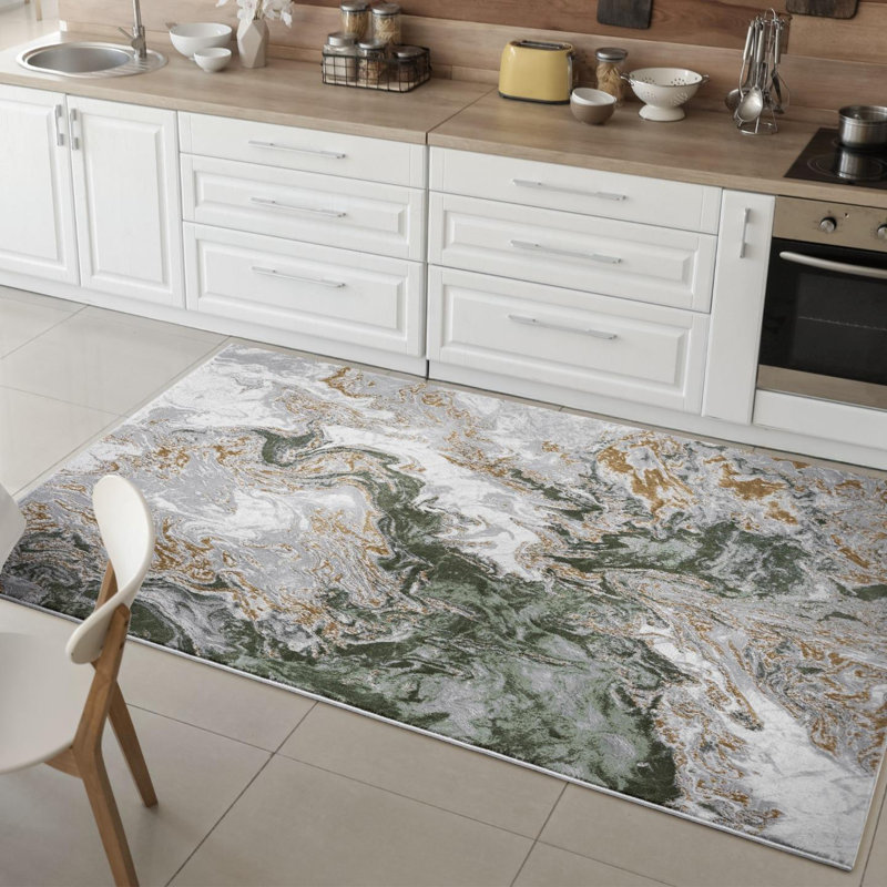 Modern Abstract Green Gold Area Rug, Rectangle 7'4" x 10'2"