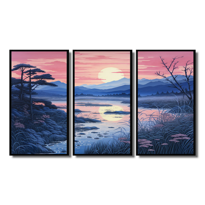 Ensemble de salon rose japonais avec vue sur le lac - rivière Mountain, Cadre flottant noir, H 28 po x l 36 po x P 1 po