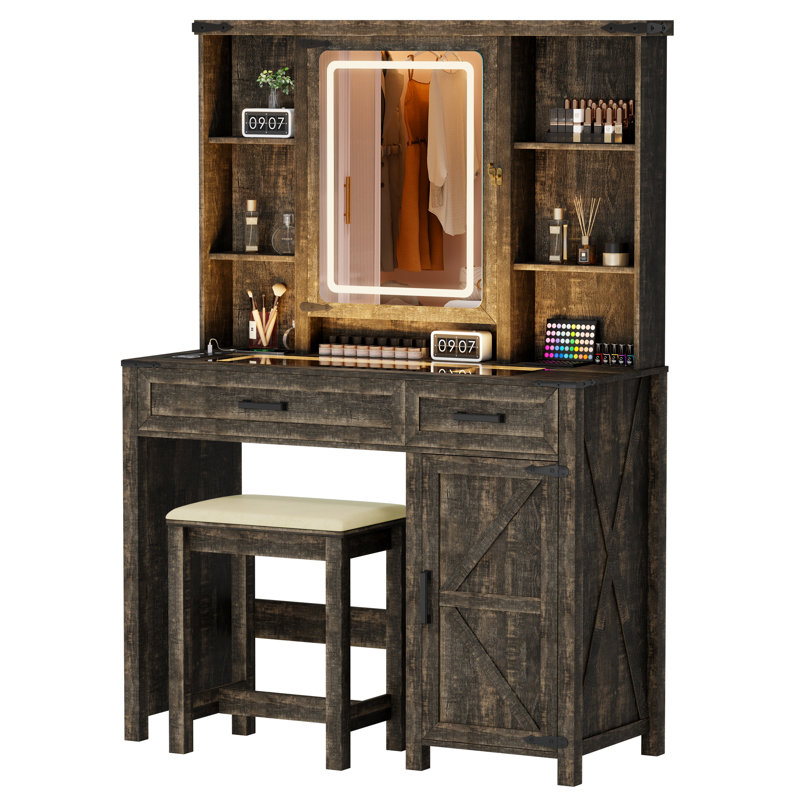 Avesta Makeup Vanity With LED Light and Jewelry Mirror Cabinet, Dark Rustic Brown