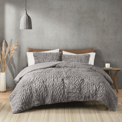 Édredon en fourrure grise avec 2 taies décoratives standard pour une chambre à coucher, double / grand toute l'année
