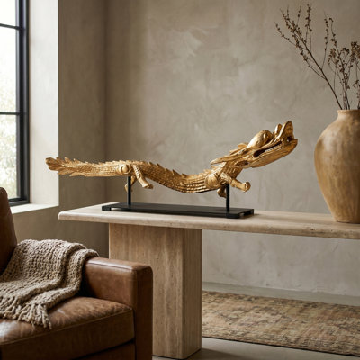 Dragon Sculpture on Stand-Gold Leaf 12"H x 6"W x 38"D Decorative Sculpture