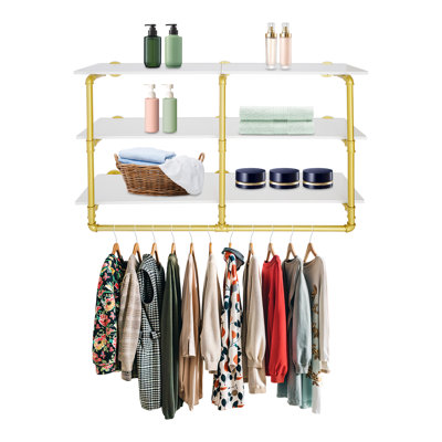 3 Tiers Industrial Pipe Clothing Rack Wall-Mounted Clothing Rack Storage Shelf