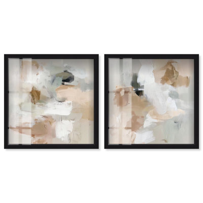 Blended Forms Duo Shadowbox Print Neutral Wall Decor Set by Art Remedy, Black Frame, 12 x 12
