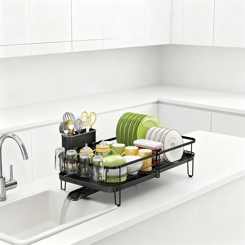 Égouttoir à vaisselle pour comptoir de cuisine avec ustensiles et porte-gobelet, égouttoir à vaisselle réglable en métal avec drainage automatique