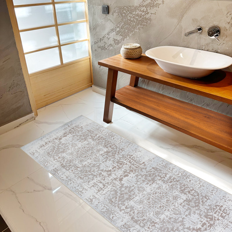 Machine Washable Area Rug With Non Slip Backing Modern Floral Traditional Abstract Beige & Creme Design, Runner 2'2" x 6'