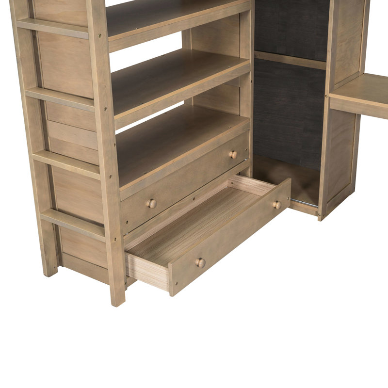 Lit mezzanine en bois pleine grandeur avec teinte noyer, bureau intégré, garde-robe, tablettes de rangement et 2 tiroirs, garde-corps sans sommier, longueur pour la sécurité