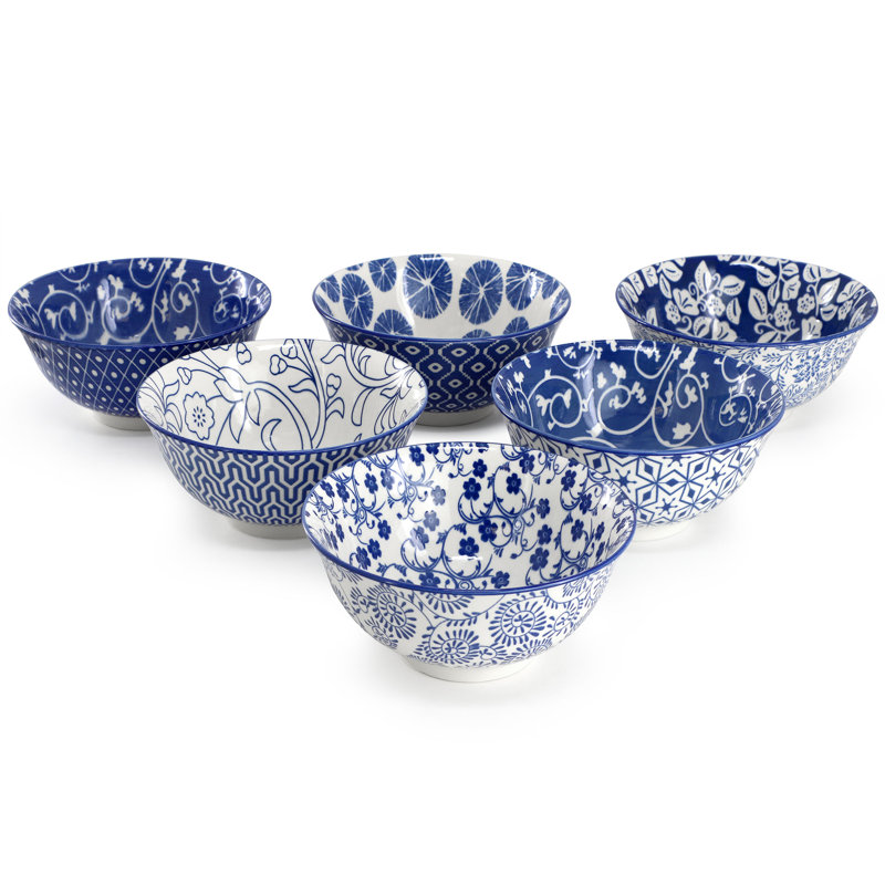  Sublime 6 Piece Assorted Design 20oz Porcelain Footed Bowl Set in Blue