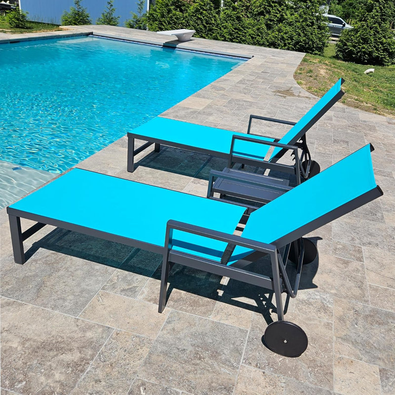 Jahnya Outdoor Metal Chaise Lounge with Table , Cushion Included, Light Blue