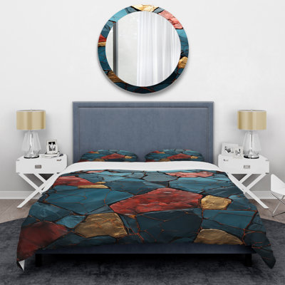 Ensemble de housse de couette en marbre bleu et rouge Elegance I - Abstract Marble