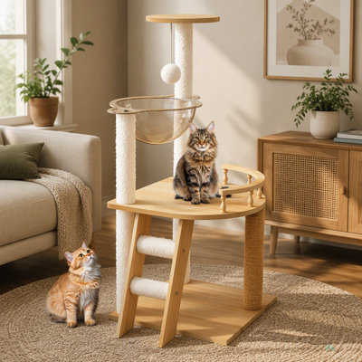 Tour à chat moderne de 41,3 po, tour d'arbre à chat en bois pour chats d'intérieur, arbre à chat avec poteaux à griffer recouverts de sisal et perchoir supérieur, maisonnette pour chat avec hamac en acrylique pour petits chats