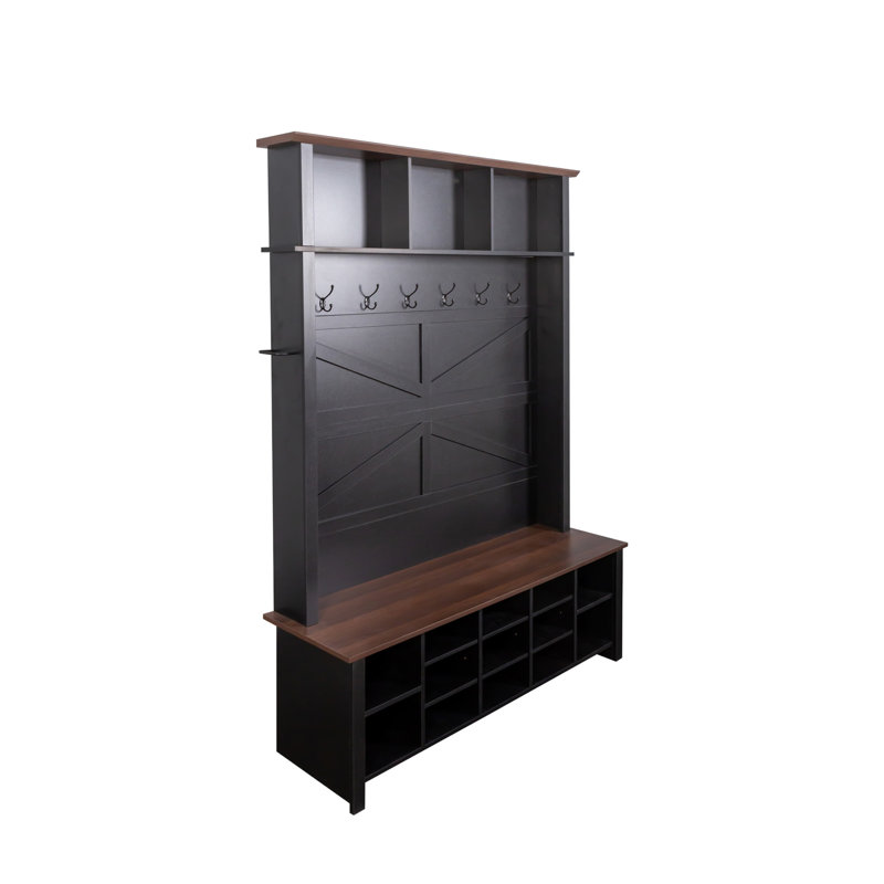 Farmhouse 4-In-1 Hall Tree With 6 Hooks, Practical Walnut Entryway Bench With Adjustable Shelves,  Wooden Style Rustic Shoe Organizer With 16 Open Compartments For Mudroom, Living Room, Black